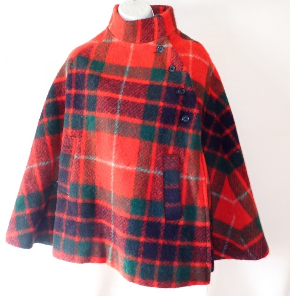 Vintage Jimmy Hourihan Irish 100% Wool Cape Green Red Plaid One‎ Size Lined 70's